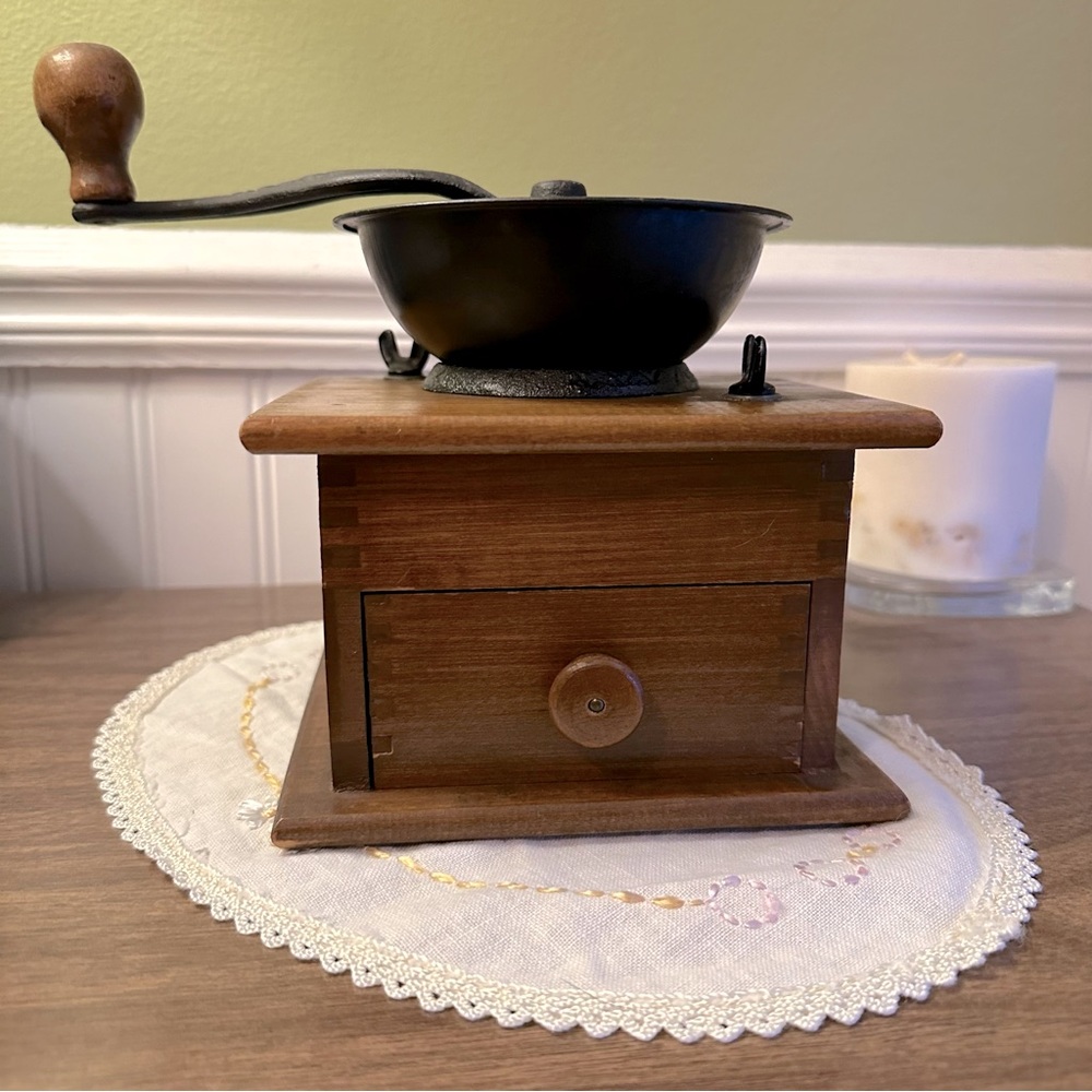 Vintage Coffee Grinder W. H. Co. Cast Iron Wood Dovetail With Pull Out Drawer